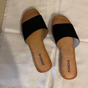 Soda flat slide open toe sandals, size 8.5, Black faux suede upper, worn once